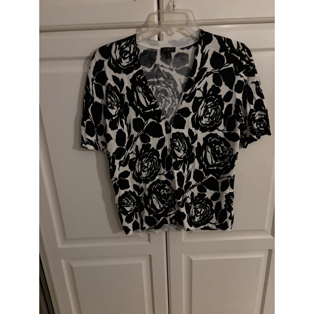 Talbots Petites Black White Rose Floral Button Front Short Sleeve Cardigan MP